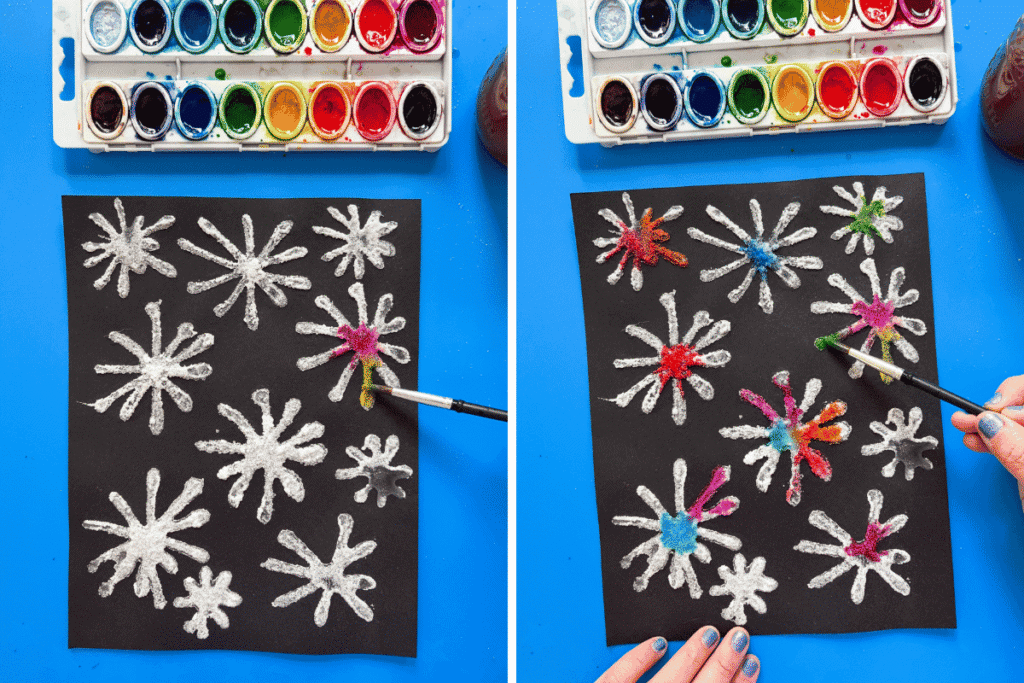 A two-photo collage showing the process of adding watercolor drops to salt firework shapes on black paper — the left image shows the first drops of color just beginning to spread, and the right shows more fireworks filling with vivid color.