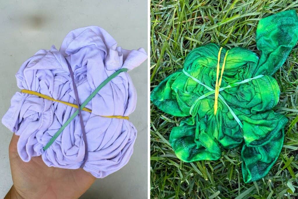 A rubber-banded shirt before dyeing next to the same spiral after green and lime dye have been applied