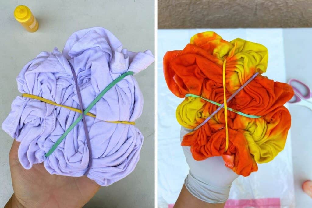 A rubber-banded shirt before dyeing next to the same spiral after orange and yellow dye has been applied.