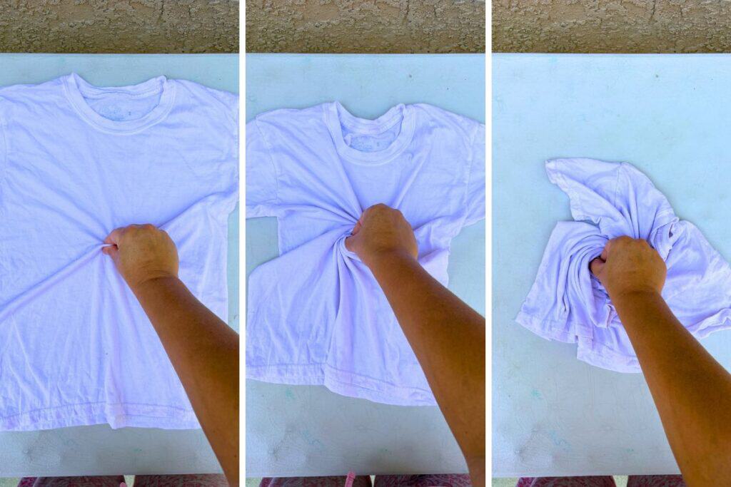 Step-by-step photos showing how to pinch the center of a white shirt and twist it into a tight spiral before adding rubber bands.